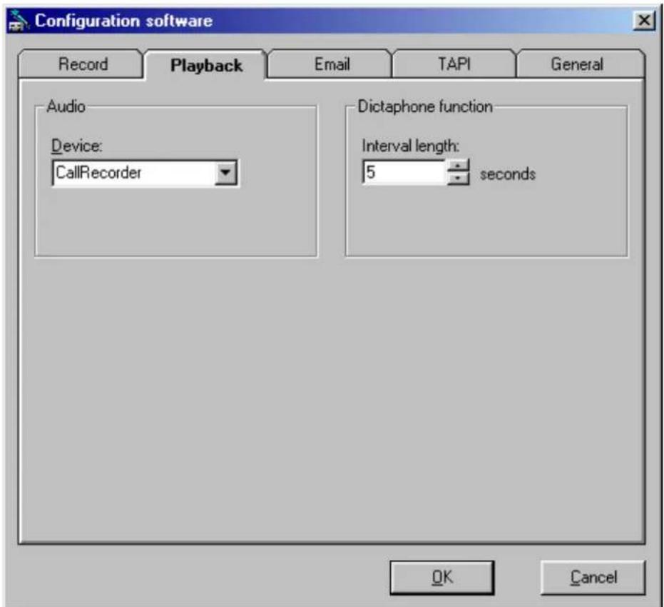 Configuration software Record Playback Email TAPI General Audio Device: CallRecorder Dictaphone function Interval length: 5 seconds OK Cancel