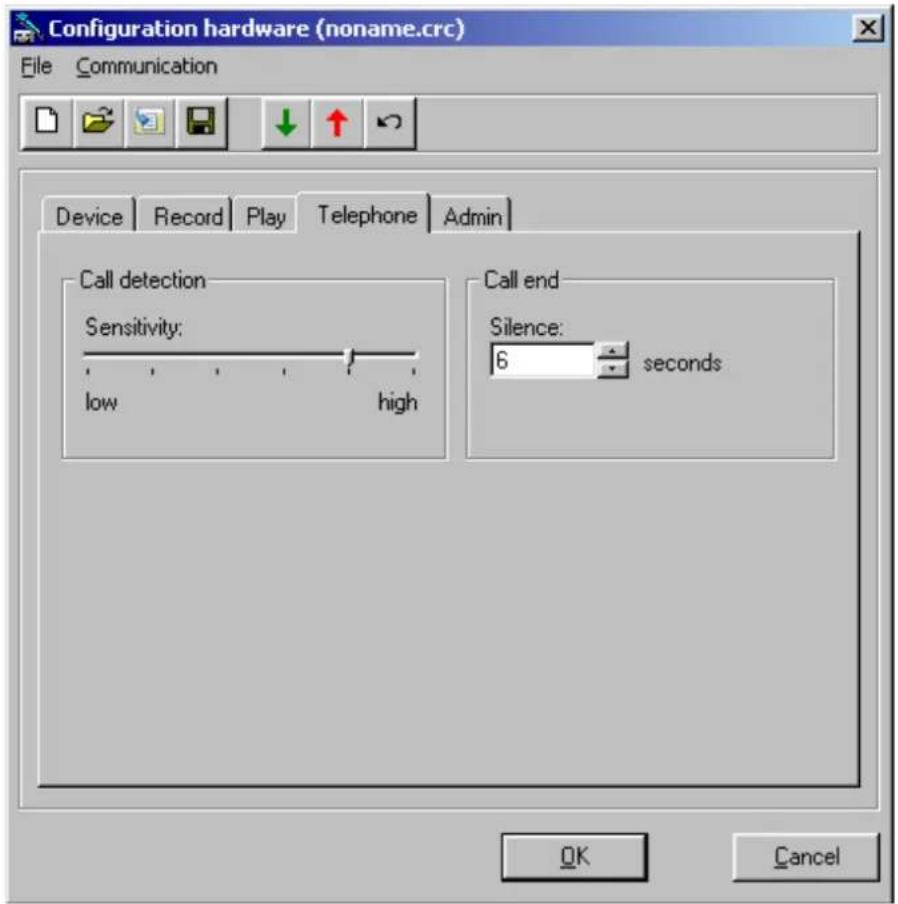 Configuration hardware (noname.crc) File Communication Device Record Play Telephone Admin Call detection Sensitivity: low high Call end Silence: 6 seconds OK Cancel