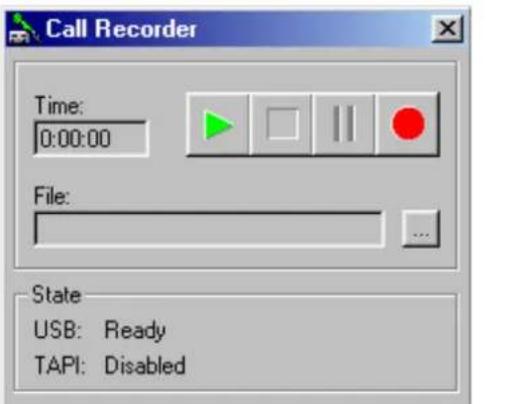 Call Recorder Time: 0:00:00 File: State USB: Ready TAPI: Disabled