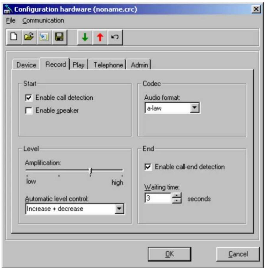 Configuration hardware (noname.crc) File Communication Device Record Play Telephone Admin Start Enable call detection Enable speaker Codec Audio format: a-law Level Amplification: low high Automatic level control: Increase + decrease End Enable call-end detection Waiting time: 3 seconds OK Cancel