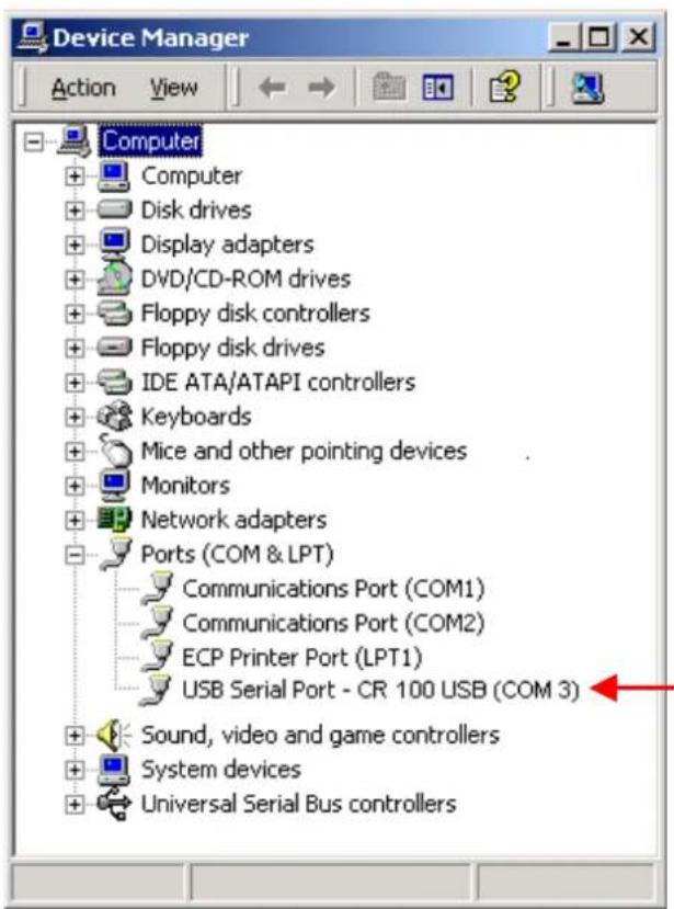 Device Manager Action View Computer + Computer + Disk drives + Display adapters + DVD/CD-ROM drives + Floppy disk controllers + Floppy disk drives + IDE ATA/ATAPI controllers + Keyboards + Mice and other pointing devices + Monitors + Network adapters - Ports (COM & LPT) Communications Port (COM1) Communications Port (COM2) ECP Printer Port (LPT1) USB Serial Port - CR 100 USB (COM 3) + Sound, video and game controllers + System devices + Universal Serial Bus controllers