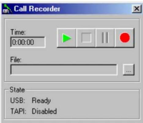 Call Recorder Time: 0:00:00 File: State USB: Ready TAPI: Disabled