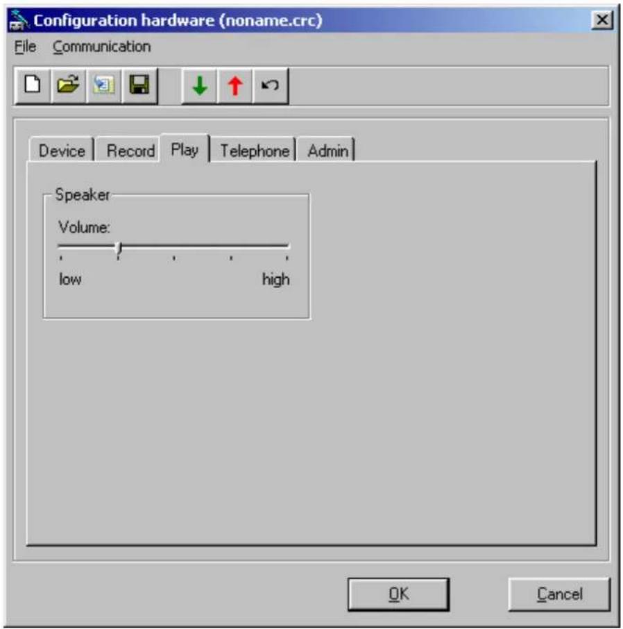 Configuration hardware (noname.crc) File Communication Device Record Play Telephone Admin Speaker Volume: low high OK Cancel
