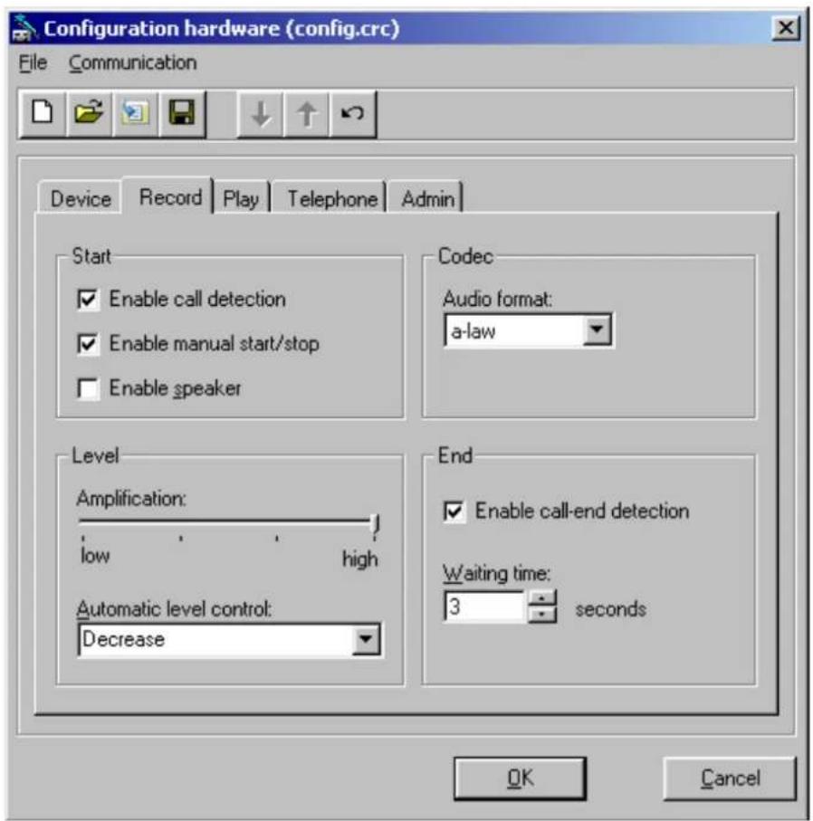 Configuration hardware (config.crc) File Communication Device Record Play Telephone Admin Start Enable call detection Enable manual start/stop Enable speaker Codec Audio format: a-law Level Amplification: low high Automatic level control: Decrease End Enable call-end detection Waiting time: 3 seconds OK Cancel