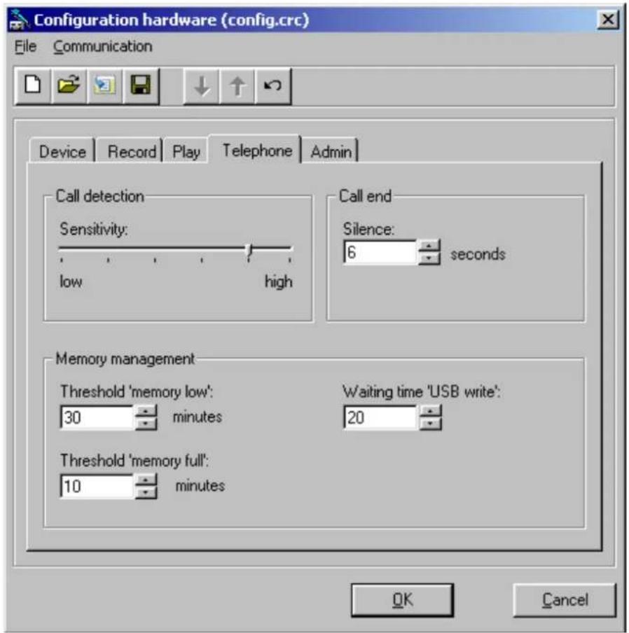 Configuration hardware (config.crc) File Communication Device Record Play Telephone Admin Call detection Sensitivity: low high Call end Silence: 6 seconds Memory management Threshold 'memory low': 30 minutes Waiting time 'USB write': 20 Threshold 'memory full': 10 minutes OK Cancel