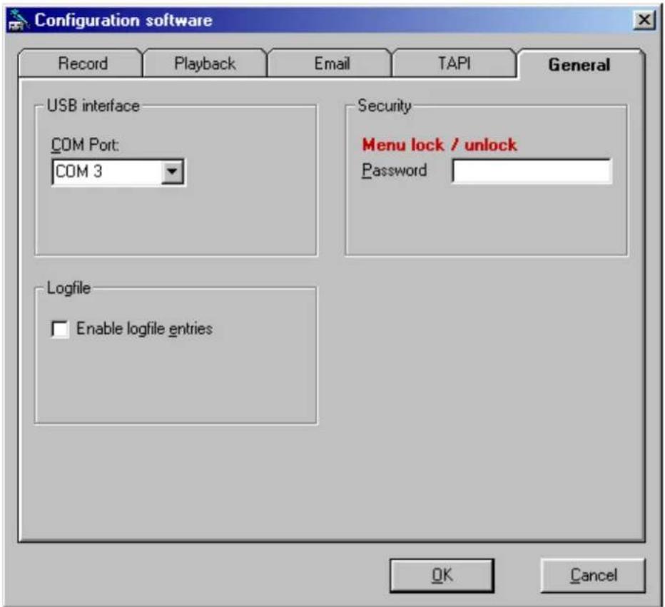 Configuration software Record Playback Email TAPI General USB interface COM Port: COM 3 Security Menu lock / unlock Password Logfile Enable logfile entries OK Cancel
