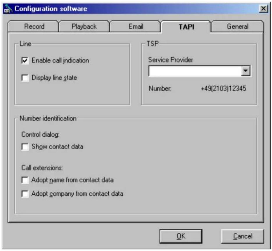 Configuration software Record Playback Email TAPI General Line Enable call indication Display line state TSP Service Provider Number: +49(2103)12345 Number identification Control dialog: Show contact data Call extensions: Adopt name from contact data Adopt company from contact data OK Cancel