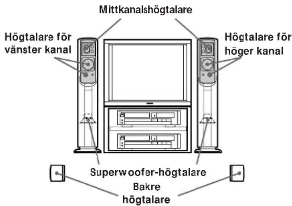 Mittkanalshögtalare Högtalare för vänster kanal Högtalare för höger kanal Superwoofer-högtalare Bakre högtalare