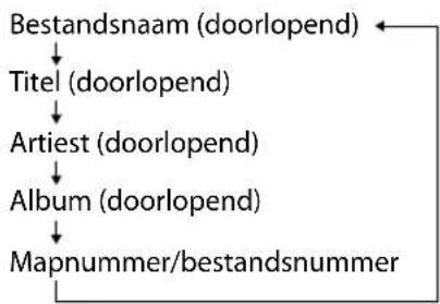 graph TD A["Bestandsnaam (doorlopend)"] --> B["Titel (doorlopend)"] B --> C["Artiest (doorlopend)"] C --> D["Album (doorlopend)"] D --> E["Mapnummer/bestandsnummer"]