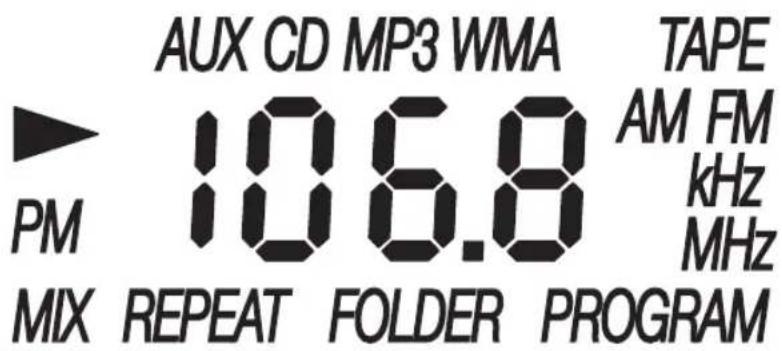 AUX CD MP3 WMA TAPE AM FM kHz MHz 106.8 PM MIX REPEAT FOLDER PROGRAM