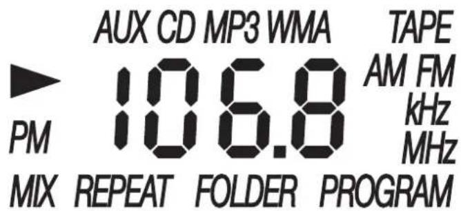 AUX CD MP3 WMA TAPE AM FM kHz MHz 106.8 PM MIX REPEAT FOLDER PROGRAM