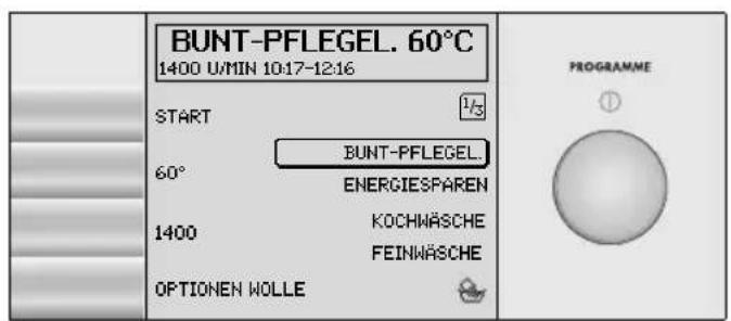 BUNT-PFLEGEL. 60°C 1400 U/MIN 10:17-12:16 START 60° BUNT-PFLEGEL. ENERGIESPAREN KOCHWÄSCHE FEINWÄSCHE OPTIONEN WOLLE PROGRAMME ①