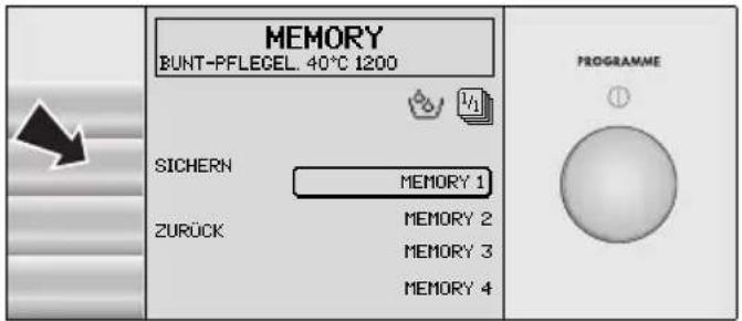 MEMORY BUNT-PFLECEL. 40°C 1200 SICHERN MEMORY 1 ZURÜCK MEMORY 2 MEMORY 3 MEMORY 4 PROGRAMME