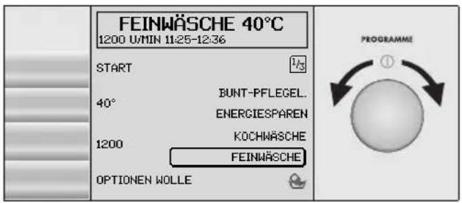 FEINWÄSCHE 40°C 1200 U/MIN 11:25-12:36 START 40° BUNT-PFLEGEL. ENERCIESPAREN 1200 KOCHWÄSCHE FEINWÄSCHE OPTIONEN WOLLE PROGRAMME
