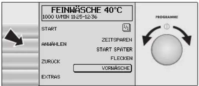 FEINWÄSCHE 40°C 1000 U/MIN 11:25-12:36 START ANMÄHLEN ZURÜCK EXTRAS ZEITSPAREN START SPÄTER FLECKEN VORNÄSCHE PROGRAMME