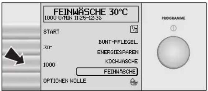 FEINWÄSCHE 30°C 1000 U/MIN 11:25-12:36 START 30° BUNT-PFLEGEL. ENERGIESPAREN 1000 KOCHWÄSCHE FEINWÄSCHE OPTIONEN WOLLE PROGRAMME ①