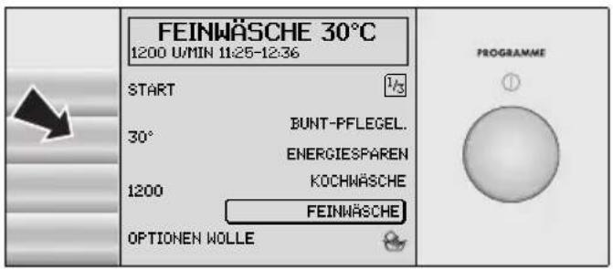 FEINWÄSCHE 30°C 1200 U/MIN 11:25-12:36 START 30° BUNT-PFLEGEL. ENERGIESPAREN 1200 KOCHWÄSCHE FEINWÄSCHE OPTIONEN WOLLE PROGRAMME