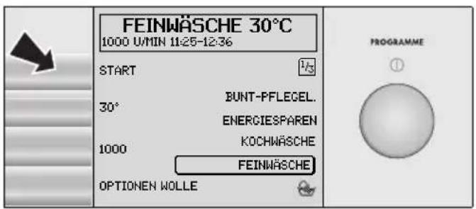 FEINWÄSCHE 30°C 1000 U/MIN 11:25-12:36 START 30° BUNT-PFLEGEL. ENERGIESPAREN 1000 KOCHWÄSCHE FEINWÄSCHE OPTIONEN WOLLE PROGRAMME ①
