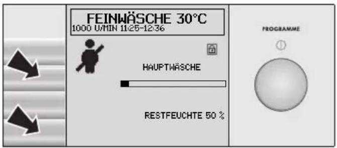 FEINWÄSCHE 30°C 1000 U/MIN 11:25-12:36 HAUPTWÄSCHE RESTFEUCHTE 50 % PROGRAMME