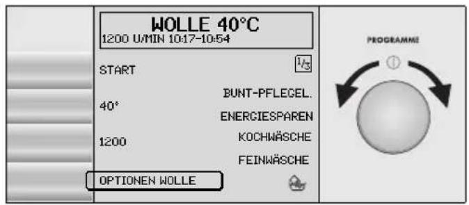 WOLLE 40°C 1200 U/MIN 10:17-10:54 START 40° BUNT-PFLEGEL. ENERGIESPAREN 1200 KOCHWÄSCHE FEINWÄSCHE OPTIONEN WOLLE PROGRAMME
