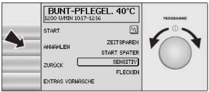 BUNT-PFLEGEL. 40°C 1200 U/MIN 10:17-12:16 START ANMÄHLEN ZEITSPAREN START SPÄTER ZURÜCK SENSITIV FLECKEN EXTRAS VORNÄSCHE PROGRAMME