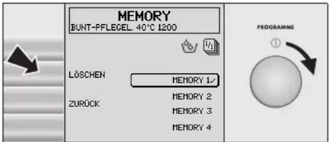MEMORY BUNT-PFLEGEL. 40°C 1200 LÖSCHEN MEMORY 1/√ ZURÜCK MEMORY 2 MEMORY 3 MEMORY 4 PROGRAMME