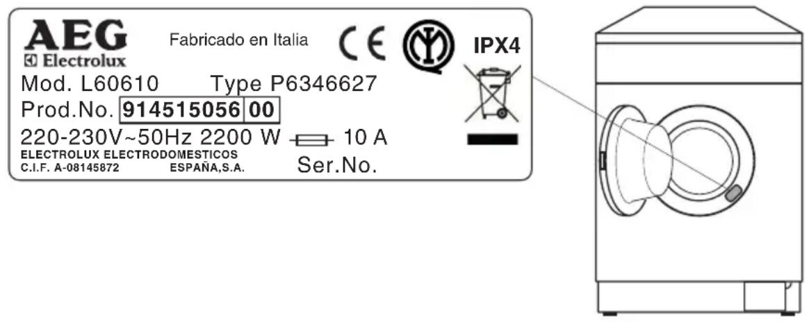 AEG Electrolux Mod. L60610 Type P6346627 Prod.No. 914515056 00 220-230V~50Hz 2200 W 10 A ELECTROLUX ELECTRODOMESTICOS C.I.F. A-08145872 ESPAÑA,S.A. Ser.No. Fabricado en Italia CE IPX4