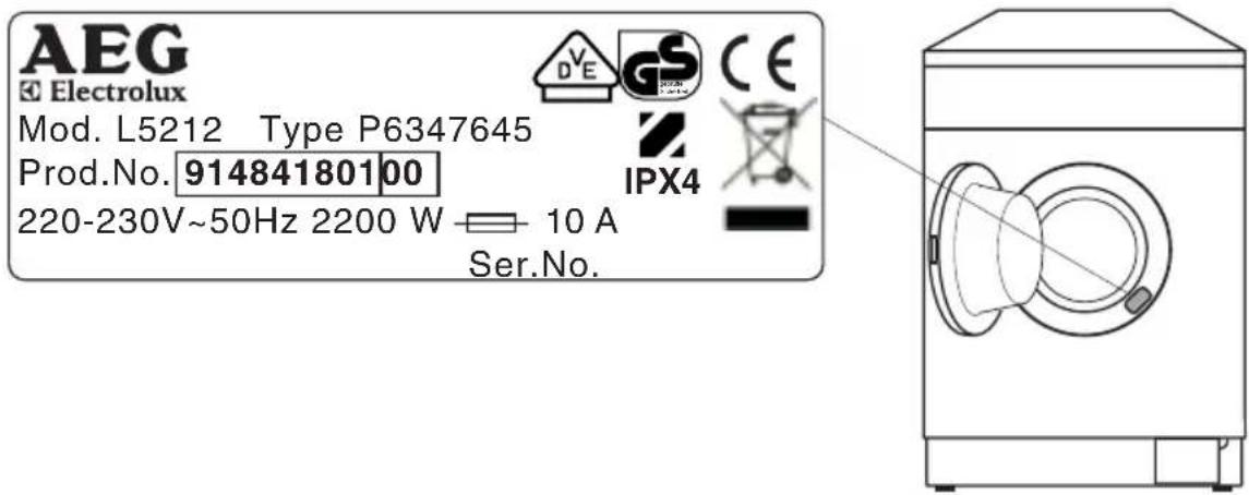 AEG Electrolux Mod. L5212 Type P6347645 Prod.No. 91484180100 220-230V~50Hz 2200 W 10 A Ser.No. IPX4 D/E GS CE