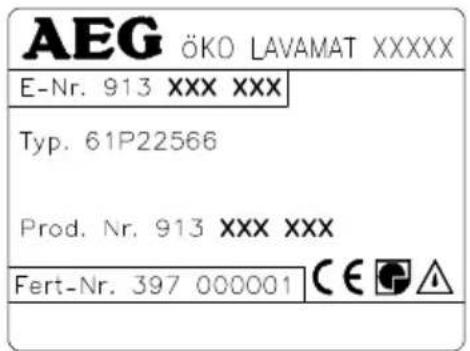 AEG ÖKO LAVAMAT XXXXX E-Nr. 913 XXX XXX Typ. 61P22566 Prod. Nr. 913 XXX XXX Fert-Nr. 397 000001 C€