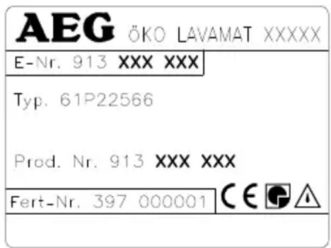 AEG ÖKO LAVAMAT XXXXX E-Nr. 913 XXX XXX Typ. 61P22566 Prod. Nr. 913 XXX XXX Fert-Nr. 397 000001 C€