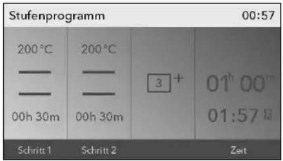 Stufenprogramm 00:57 200°C - - 00h 30m 200°C - - 00h 30m 3 + 01h 00" 01:57 Schritt 1 Schritt 2 Zeit