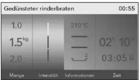 Gedünsteter rinderbraten 00:55 1.0 1.5kg 2.0 210°C - - - 2 02" 10" 03:05 B Menge Intensität Informationen Zeit
