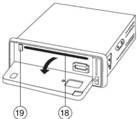 Diagram of a computer drive showing internal components with numbered labels 18 and 19 indicating parts of the device.