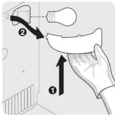 Diagram showing a hand holding a tool interacting with a device, labeled with arrows and numbered parts (1, 2)