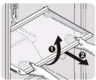 Diagram showing two hands installing or adjusting a door panel with directional arrows and labeled components