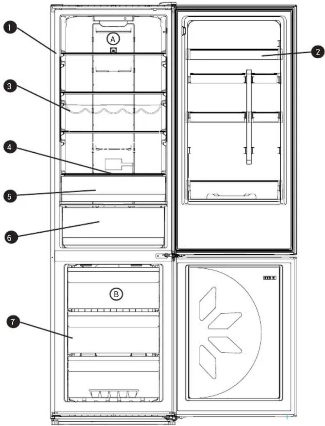 Technical diagram of a refrigerator with numbered parts for identification and assembly reference.