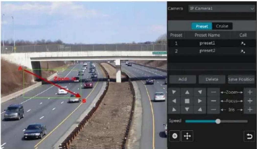 Camera IP Camera1 Preset Cruise Preset Preset Name Call 1 preset1 2 preset2 Add Delete Save Position ←Zoom→ + ←Focus→ + ← Iris → + Speed