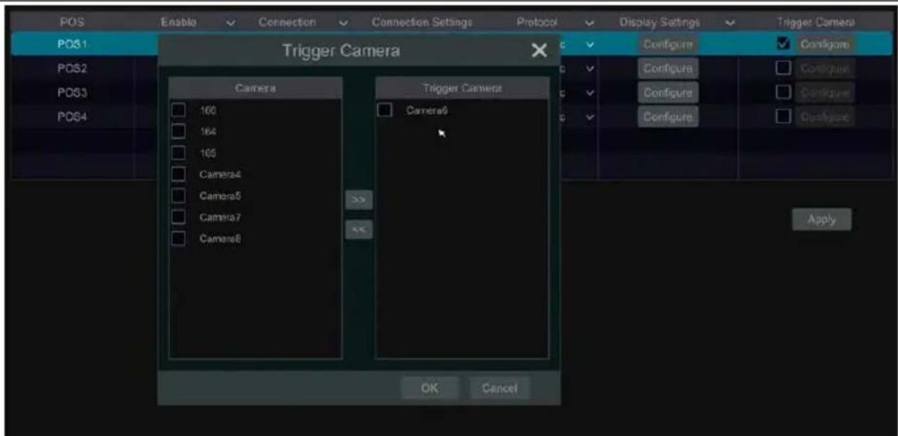 POS Enable Connection Connection Settings Protocol Display Settings Trigger Camera POS1 Trigger Camera C Configure Configure POS2 Camera 160 164 105 Camera4 Camera5 Camera7 Camera8 Trigger Camera Camera6 Configure Configure Configure Configure Apply OK Cancel
