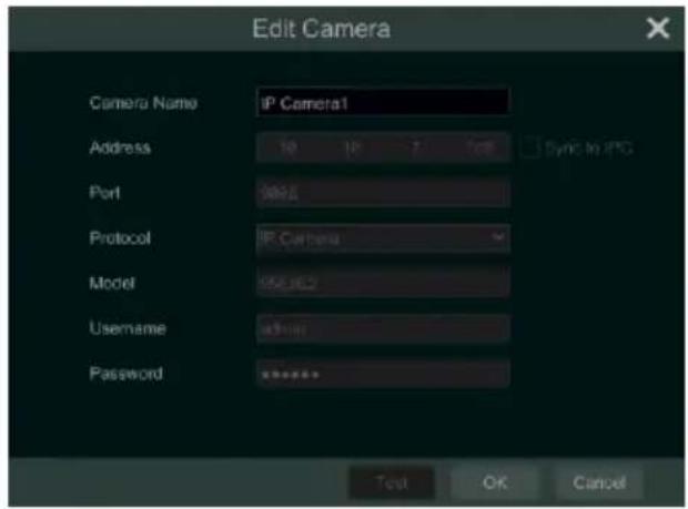 Edit Camera Camera Name: IP Camera1 Address 10 10 7 Top Sync to JPG Port POST Protocol IP Camera Model MSUHD Username admin Password ***** Test OK Cancel