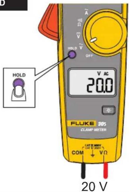 HOLD V AC 20.0 FLUKE 305 CLAMP METER COM ↓ VΩ CAT 20.0V CAT B 500V 20 V