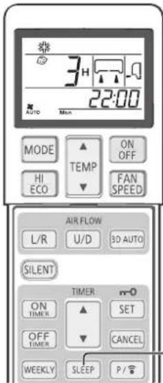 3H 22:00 AUTO Mon MODE TEMP ON OFF HI ECO FAN SPEED AIR FLOW L/R U/D 3D AUTO SILENT TIMER ON TIMER SET OFF TIMER CANCEL WEEKLY SLEEP P/9