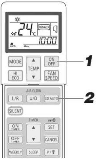 24°C 10:00 AUTO Mon. MODE TEMP ON OFF HI ECO FAN SPEED AIR FLOW L/R U/D 3D AUTO SILENT ON TIME SET OFF TIME CANCEL WEEKLY SLEEP P/√ 1 2