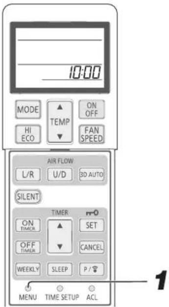 10:00 MODE ▲ ON OFF HI ECO ▼ FAN SPEED AIR FLOW L/R U/D 3D AUTO SILENT TIMER ON TIMER ▲ SET OFF TIMER ▼ CANCEL WEEKLY SLEEP P / MENU TIME SETUP ACL 1