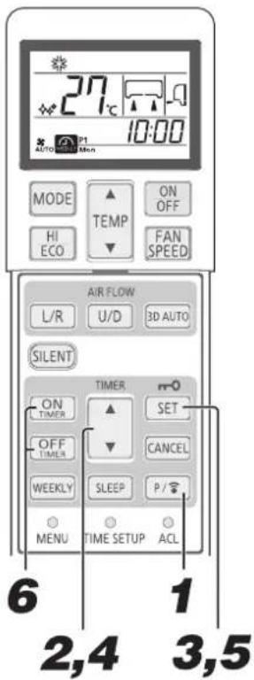 27°C 10:00 MODE TEMP ON OFF HI ECO FAN SPEED AIR FLOW L/R U/D 3D AUTO SILENT ON TIMER SET OFF TIMER CANCEL WEEKLY SLEEP P/- MENU TIME SETUP ACL 6 1 2,4 3,5