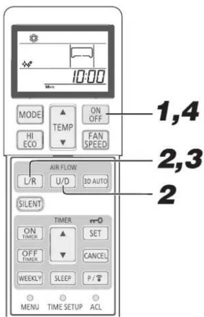 10:00 MODE ▲ ON OFF HI ECO ▼ FAN SPEED AIR FLOW L/R U/D 3D AUTO SILENT TIMER ON TIMER ▲ SET OFF TIMER ▼ CANCEL WEEKLY SLEEP P/ MENU TIME SETUP ACL 1,4 2,3 2