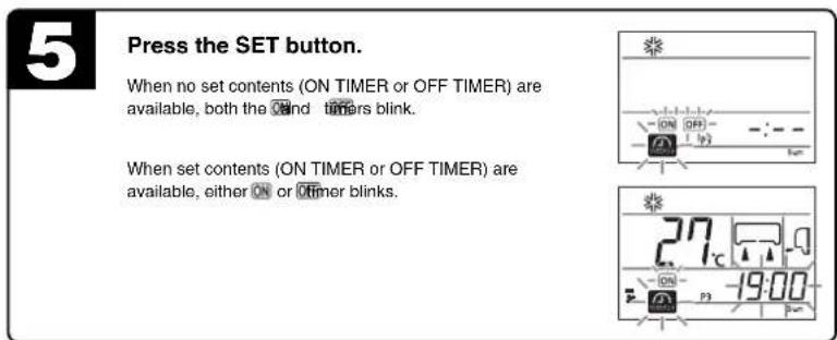 5 Press the SET button. When no set contents (ON TIMER or OFF TIMER) are available, both the ON and timers blink. When set contents (ON TIMER or OFF TIMER) are available, either ON or ON timer blinks.