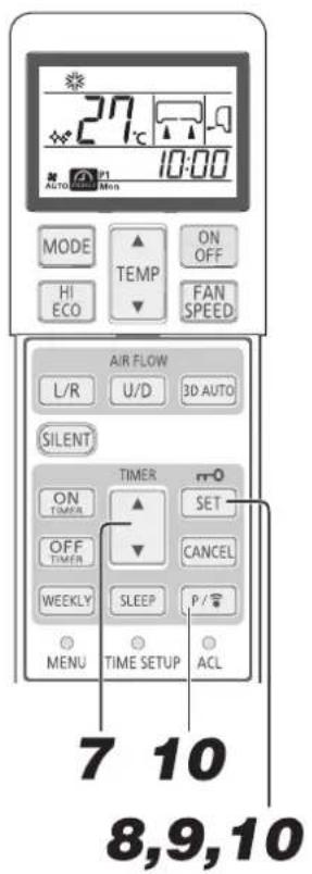 27°C 10:00 AUTO Mon MODE ▲ ON OFF HI ECO ▼ FAN SPEED AIR FLOW L/R U/D 3D AUTO SILENT TIMER m0 ON TIMER ▲ SET OFF TIMER ▼ CANCEL WEEKLY SLEEP P / MENU TIME SETUP ACL 7 10 8,9,10