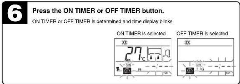 6 Press the ON TIMER or OFF TIMER button. ON TIMER or OFF TIMER is determined and time display blinks. ON TIMER is selected OFF TIMER is selected