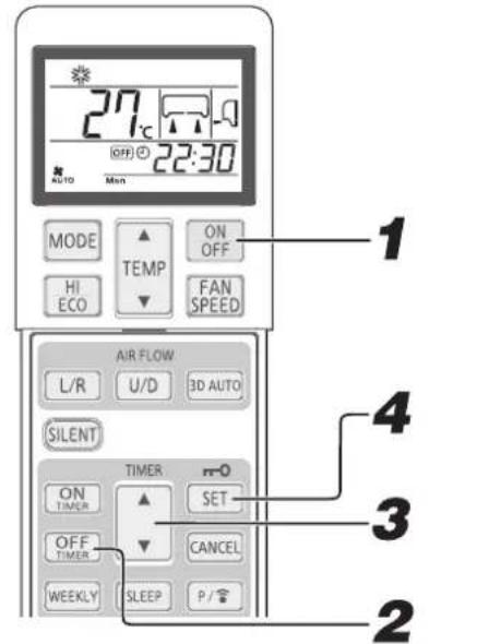27°C OFF 22:30 AUTO Mon MODE ▲ TEMP ON OFF HI ECO ▼ FAN SPEED AIR FLOW L/R U/D 3D AUTO SILENT TIMER ON TIMER ▲ SET OFF TIMER ▼ CANCEL WEEKLY SLEEP P/# 1 4 3 2