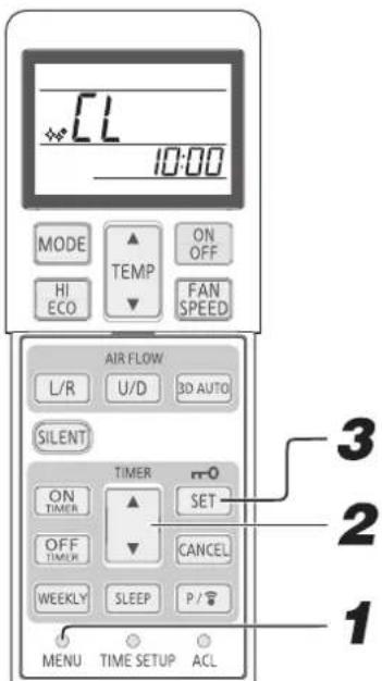 CL 10:00 MODE ▲ TEMP ▼ ON OFF HI ECO FAN SPEED AIR FLOW L/R U/D 3D AUTO SILENT TIMER ON TIMER ▲ SET OFF TIMER ▼ CANCEL WEEKLY SLEEP P / ™ MENU TIME SETUP ACL 3 2 1